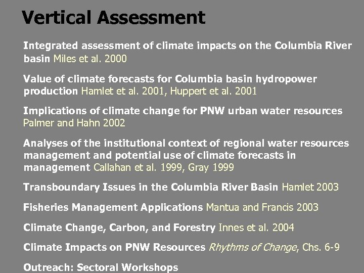 Vertical Assessment Integrated assessment of climate impacts on the Columbia River basin Miles et