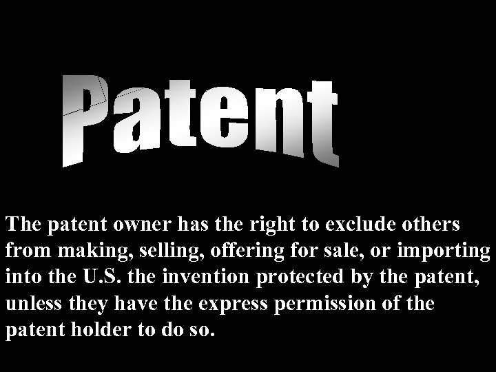 The patent owner has the right to exclude others from making, selling, offering for
