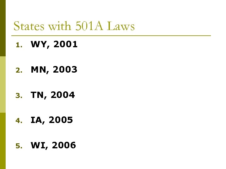 States with 501 A Laws 1. WY, 2001 2. MN, 2003 3. TN, 2004