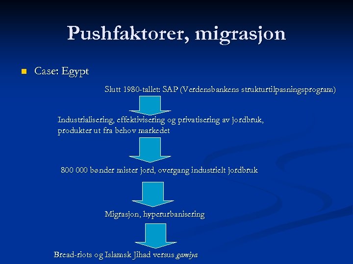 Pushfaktorer, migrasjon n Case: Egypt Slutt 1980 -tallet: SAP (Verdensbankens strukturtilpasningsprogram) Industrialisering, effektivisering og