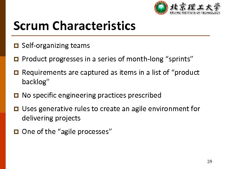 Scrum Characteristics p Self-organizing teams p Product progresses in a series of month-long “sprints”