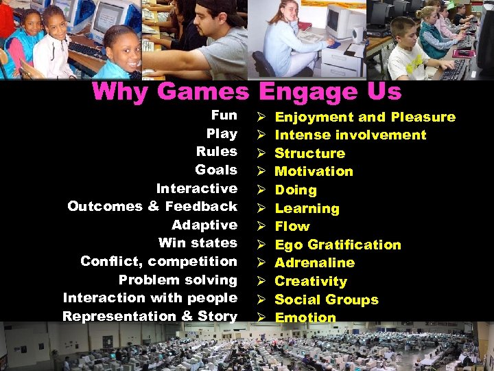 Why Games Engage Us Fun Play Rules Goals Interactive Outcomes & Feedback Adaptive Win