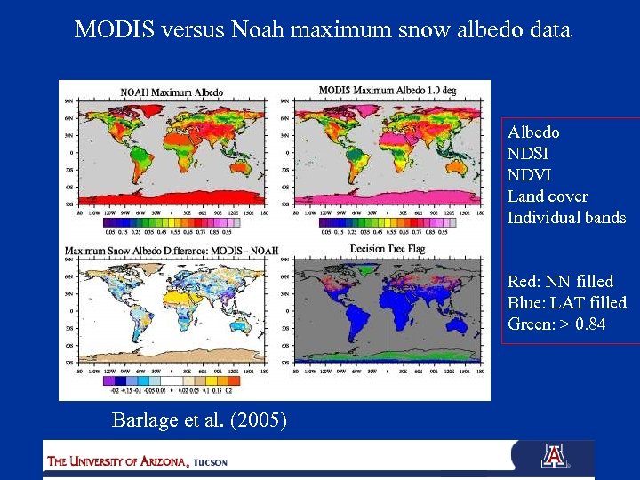 MODIS versus Noah maximum snow albedo data Albedo NDSI NDVI Land cover Individual bands