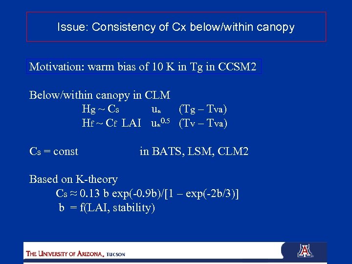 Issue: Consistency of Cx below/within canopy Motivation: warm bias of 10 K in Tg