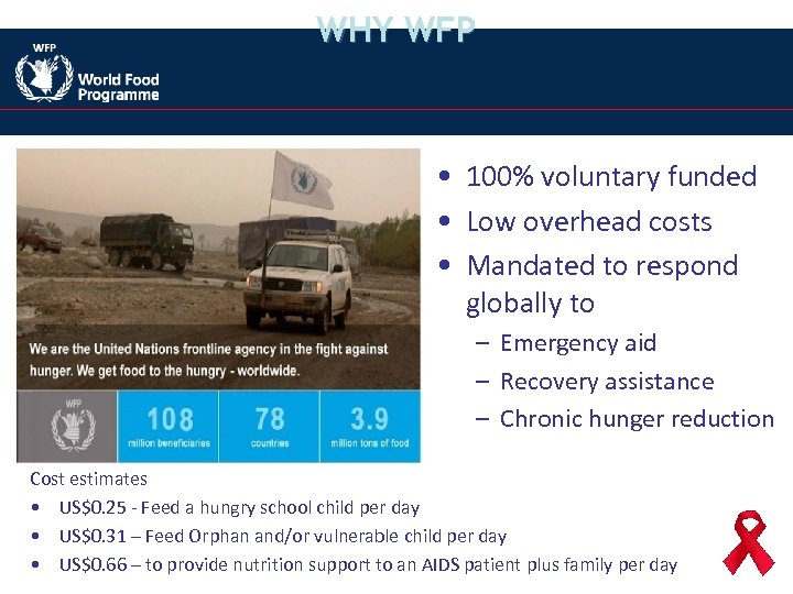 WHY WFP • 100% voluntary funded • Low overhead costs • Mandated to respond