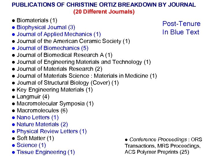 PUBLICATIONS OF CHRISTINE ORTIZ BREAKDOWN BY JOURNAL (20 Different Journals) ● Biomaterials (1) Post-Tenure
