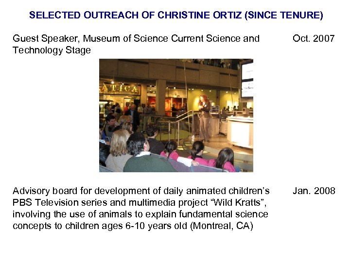 SELECTED OUTREACH OF CHRISTINE ORTIZ (SINCE TENURE) Guest Speaker, Museum of Science Current Science