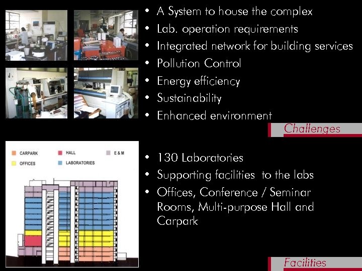  • • A System to house the complex Lab. operation requirements Integrated network