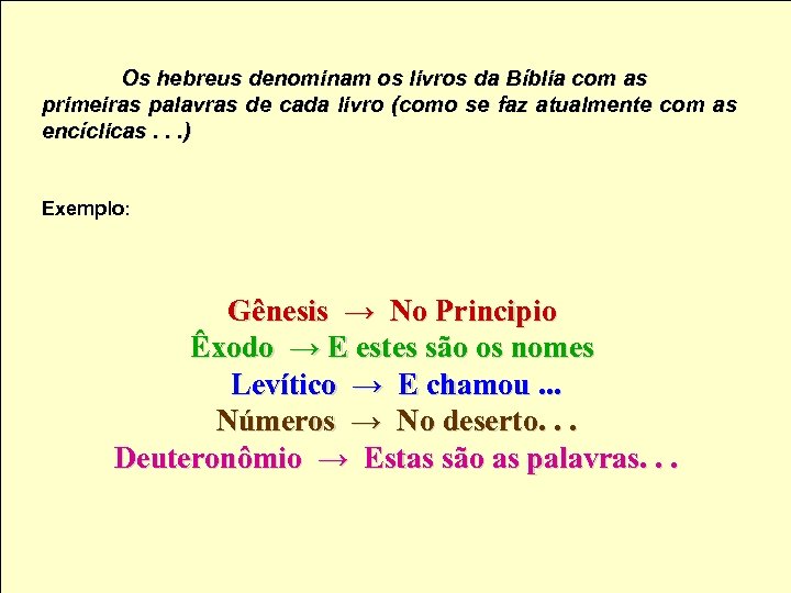 Os hebreus denominam os livros da Bíblia com as primeiras palavras de cada livro