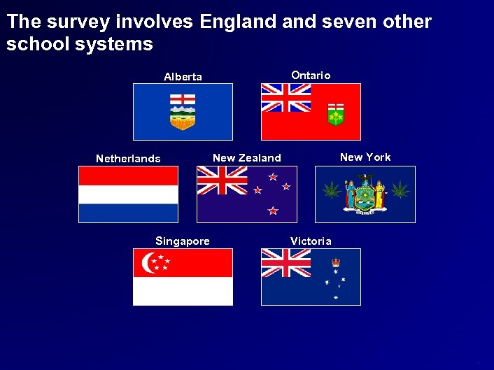 The survey involves England seven other school systems Ontario Alberta Netherlands Singapore New York