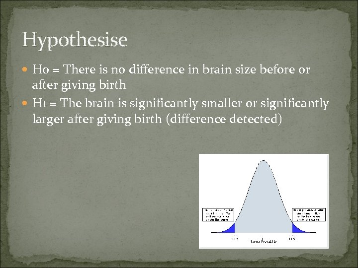 Hypothesise H 0 = There is no difference in brain size before or after