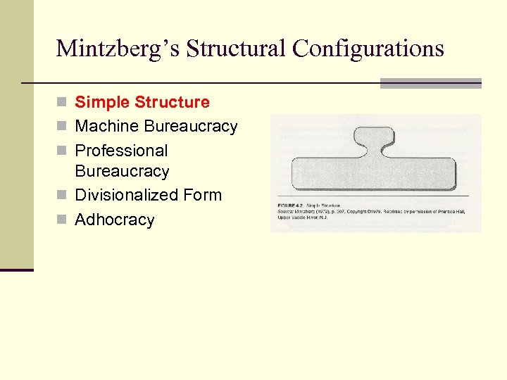 Mintzberg’s Structural Configurations n Simple Structure n Machine Bureaucracy n Professional Bureaucracy n Divisionalized