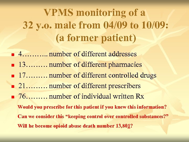 VPMS monitoring of a 32 y. o. male from 04/09 to 10/09: (a former