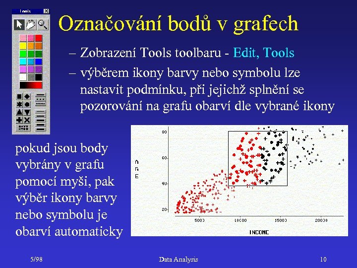 Označování bodů v grafech – Zobrazení Tools toolbaru - Edit, Tools – výběrem ikony