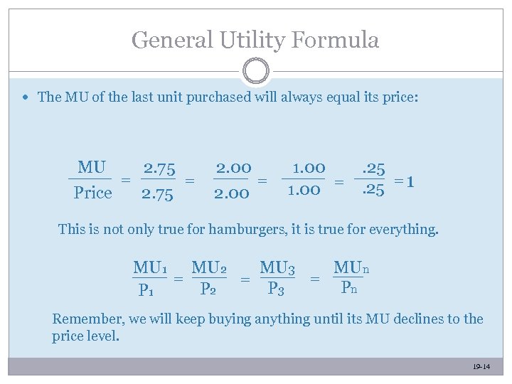General Utility Formula The MU of the last unit purchased will always equal its