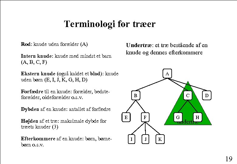 Terminologi for træer Rod: knude uden forælder (A) Intern knude: knude med mindst et