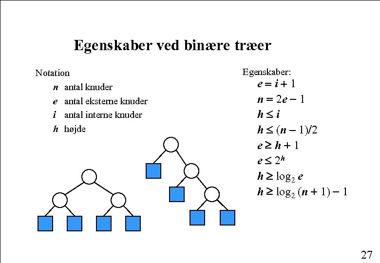 Egenskaber ved binære træer Notation n antal knuder e antal eksterne knuder i antal
