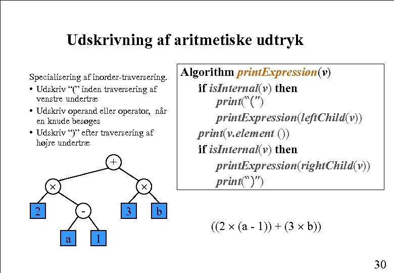 Udskrivning af aritmetiske udtryk Specialisering af inorder-traversering. • Udskriv “(” inden traversering af venstre