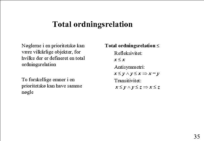 Total ordningsrelation Nøglerne i en prioritetskø kan være vilkårlige objekter, for hvilke der er
