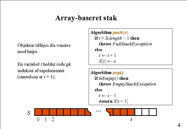 Array-baseret stak Objekter tilføjes fra venstre mod højre. En variabel t holder rede på