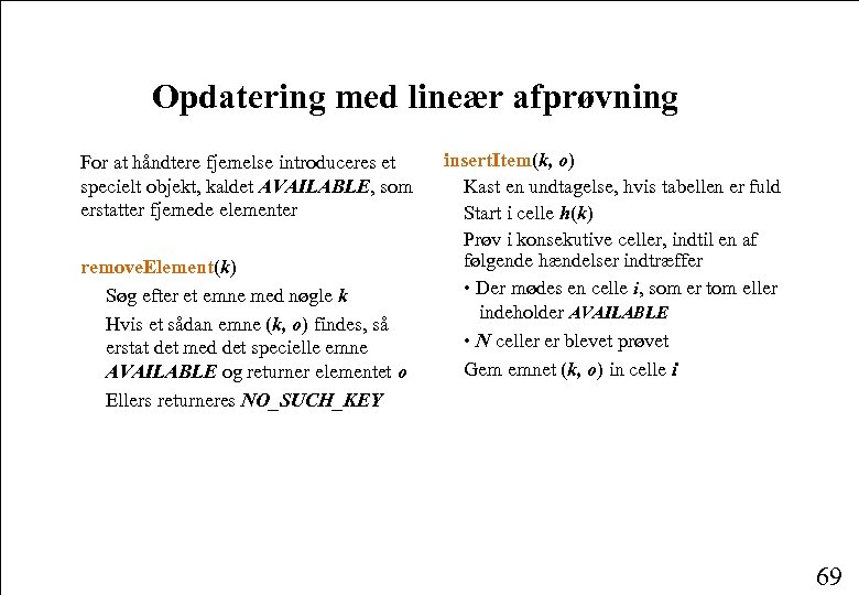Opdatering med lineær afprøvning For at håndtere fjernelse introduceres et specielt objekt, kaldet AVAILABLE,