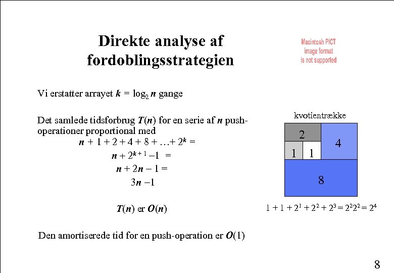 Direkte analyse af fordoblingsstrategien Vi erstatter arrayet k = log 2 n gange Det