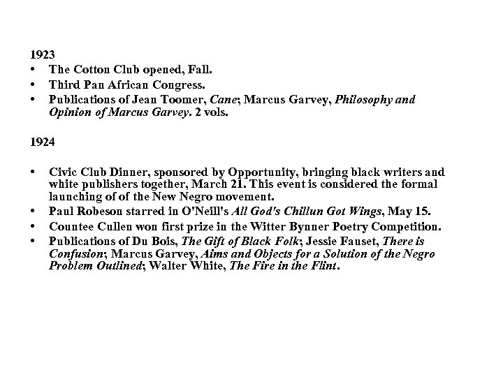 1923 • The Cotton Club opened, Fall. • Third Pan African Congress. • Publications