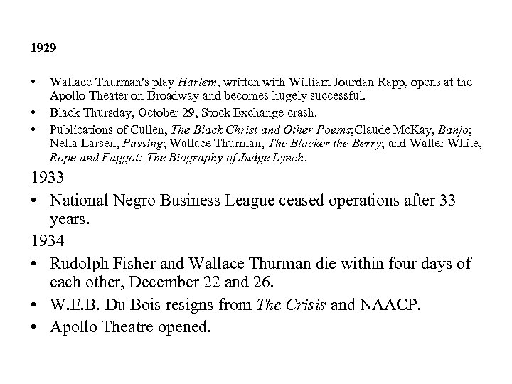 1929 • • • Wallace Thurman's play Harlem, written with William Jourdan Rapp, opens