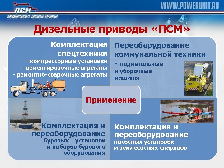 Дизельные приводы «ПСМ» Комплектация Переоборудование спецтехники коммунальной техники - компрессорные установки - подметальные -