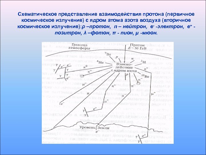 Схематическое представление взаимодействия протона (первичное космическое излучение) с ядром атома азота воздуха (вторичное космическое