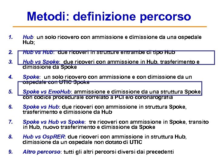 Metodi: definizione percorso 1. Hub: un solo ricovero con ammissione e dimissione da una