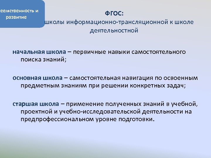 реемственность и развитие ФГОС: от школы информационно-трансляционной к школе деятельностной начальная школа – первичные