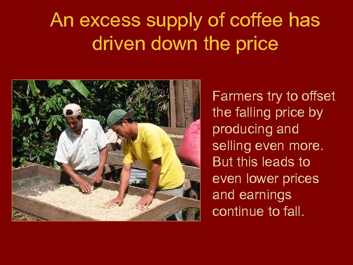 An excess supply of coffee has driven down the price Farmers try to offset