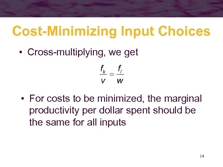 Cost-Minimizing Input Choices • Cross-multiplying, we get • For costs to be minimized, the