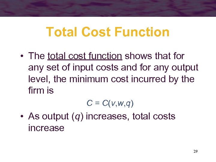 Total Cost Function • The total cost function shows that for any set of