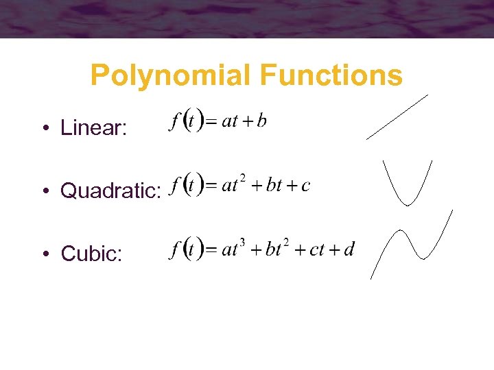 Polynomial Functions • Linear: • Quadratic: • Cubic: 