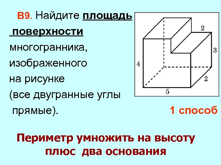 В 9. Найдите площадь поверхности многогранника, изображенного на рисунке (все двугранные углы прямые).