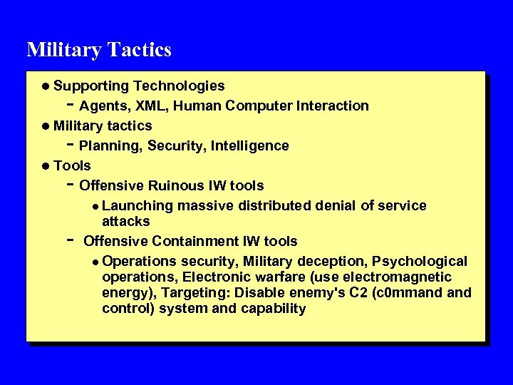 Military Tactics l Supporting Technologies - Agents, XML, Human Computer Interaction l Military tactics