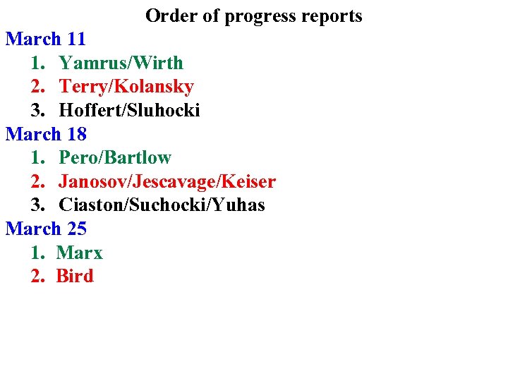 Order of progress reports March 11 1. Yamrus/Wirth 2. Terry/Kolansky 3. Hoffert/Sluhocki March 18