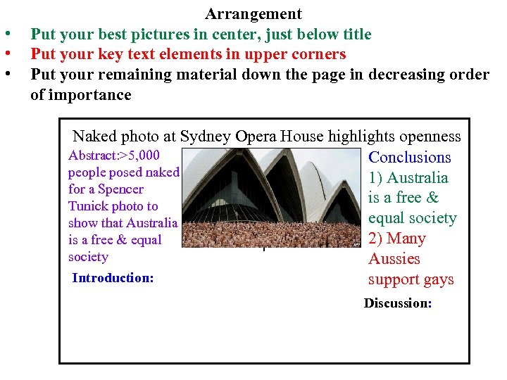  • • • Arrangement Put your best pictures in center, just below title