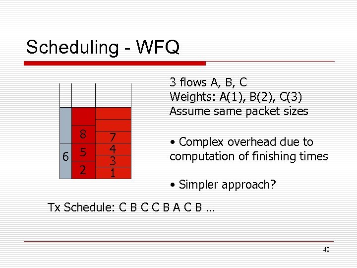 Scheduling - WFQ 3 flows A, B, C Weights: A(1), B(2), C(3) Assume same