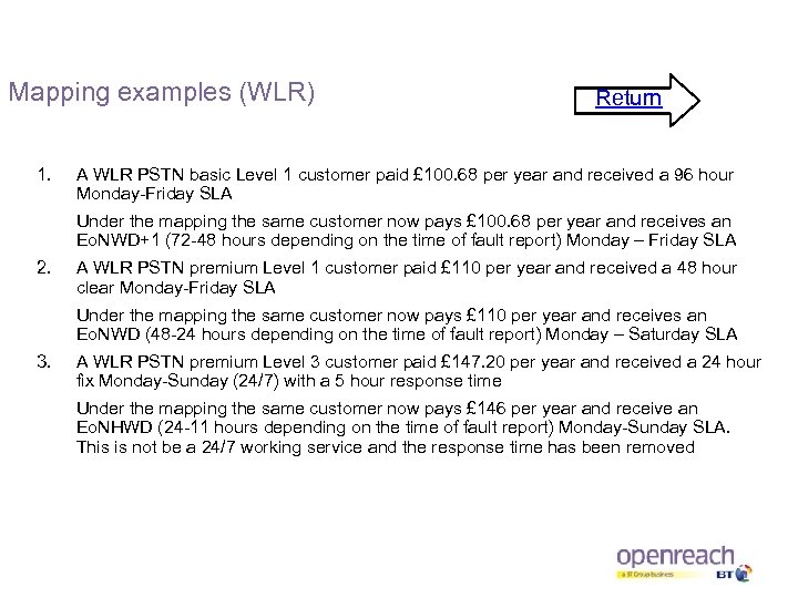 Mapping examples (WLR) 1. Return A WLR PSTN basic Level 1 customer paid £