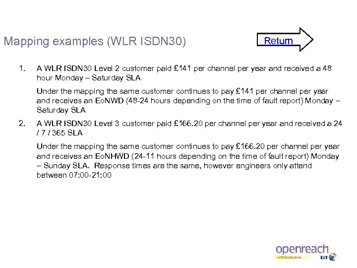 Mapping examples (WLR ISDN 30) 1. Return A WLR ISDN 30 Level 2 customer