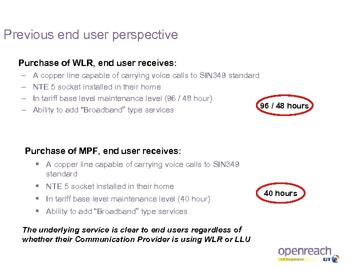 Previous end user perspective Purchase of WLR, end user receives: – – A copper