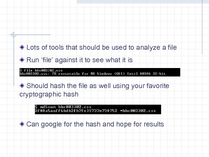 Lots of tools that should be used to analyze a file Run ‘file’ against