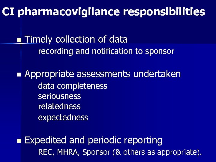 CI pharmacovigilance responsibilities n Timely collection of data recording and notification to sponsor n