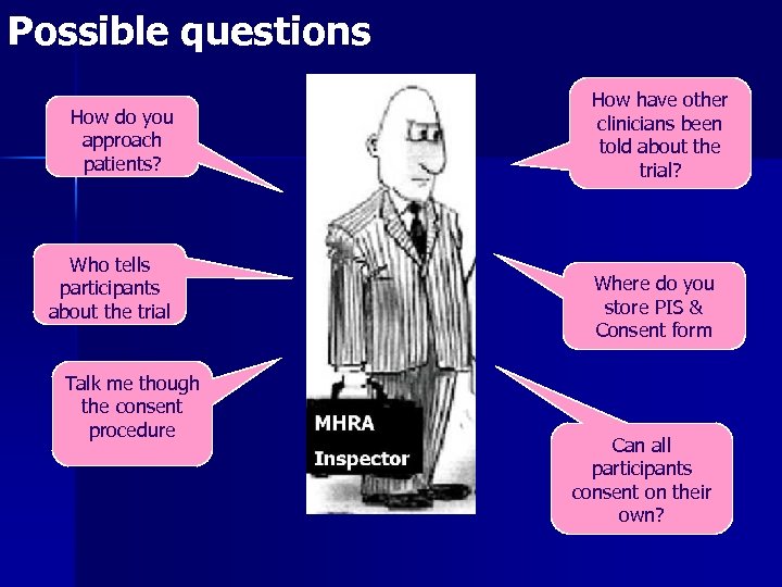 Possible questions How do you approach patients? Who tells participants about the trial Talk