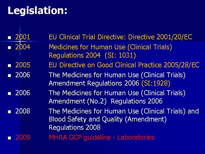 Legislation: n n 2001 2004 n 2005 2006 n 2008 n 2009 n EU