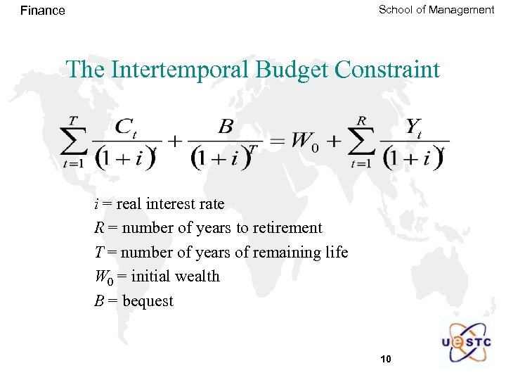 School of Management Finance The Intertemporal Budget Constraint i = real interest rate R