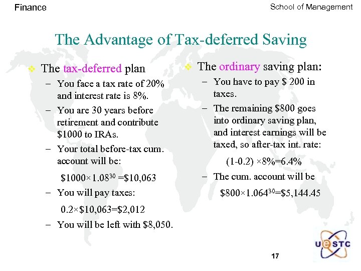 School of Management Finance The Advantage of Tax-deferred Saving v The tax-deferred plan –